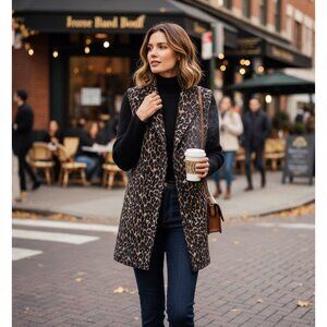 Kenneth Cole NY Plush Leopard Print Wool Coat w/ Black Ribbed Sleeves S #32S